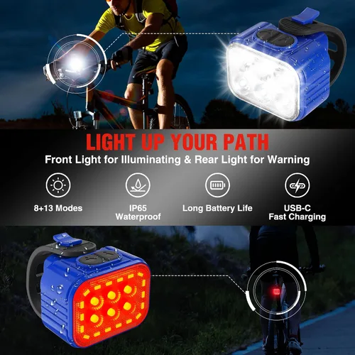 Vista 2 de WORKPRO Juego de 4 luces de bicicleta [8+13 modos], combo de faros delanteros y traseros de bicicleta recargable, ultra brillante, juego de luces