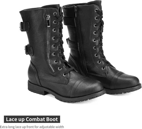 Vista 6 de DREAM PAIRS - Borceguí estilo militar para mujer con cordones, a media pantorrilla, para invierno