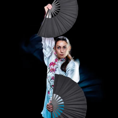 Vista 4 de Quacc Ventilador de mano plegable grande de 13 pulgadas, tela de nailon vintage, retro, gran abanico para baile de línea, festival chino de Kung Fu