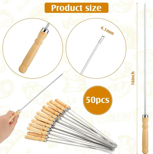 Vista 3 de Minatee Brocheta de 16 pulgadas con mango de madera para barbacoa, camping, utensilios de cocina, fogata, parrilla, cocina, acero inoxidable