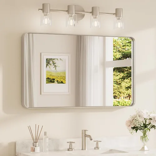 Vista 22 de Espejo de marco dorado cepillado de 16 x 24 pulgadas, espejo de tocador de baño de latón dorado para pared, espejo enmarcado rectangular de esquina
