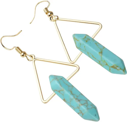 Vista 2 de TUMBEELLUWA Aretes colgantes de piedra de cristal curativo para mujer, aretes hexagonales de cuarzo con puntos triangulares