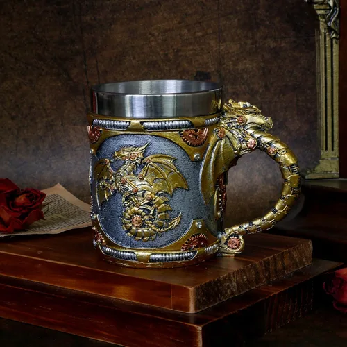 Vista 9 de alikiki Taza medieval steampunk de dragón, 15.8 onzas, dragones mecánicos renacentistas, cerveza, jarra, jarra, taza de café inoxidable, taza