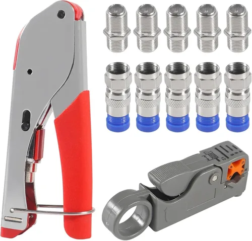 Vista 9 de ACEIRMC Kit de crimpadora de cables coaxiales para RG6 RG59, herramienta de compresión coaxial, pelacables con 20 conectores de compresión F