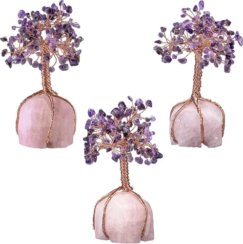 Vista 4 de Árbol de cobre de cristal envuelto con base de cuarzo rosa crudo, árbol bonsái para decoración de sala de estar, oficina en casa, amatista