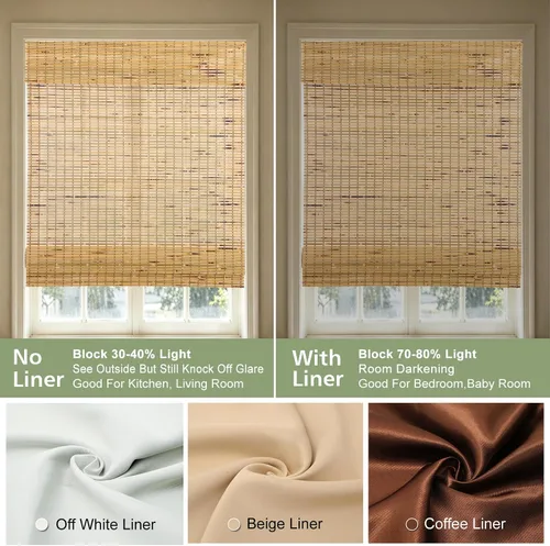Vista 6 de Persianas Romanas de Bambú Sin Cordón con Oscurecimiento Total, Persianas Enrollables de Madera con Filtrado de Luz y Protección UV con Cenefa de 6