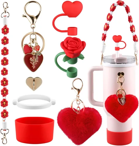 Vista 10 de Set de accesorios negros para vaso Stanley, correa para asa de botella de agua, funda de silicona, cubierta de pajita con lazo, dijes de perla, tapa