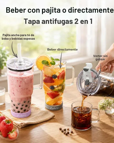 Vista 2 de Zukro Vaso de agua de vidrio de 32 onzas con asa y popote, tapa 2 en 1 a Azul oscuro