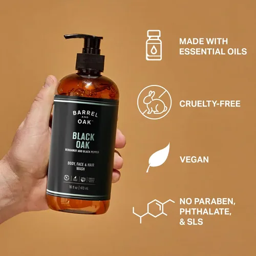 Vista 4 de Barrel & Oak Lavado todo en uno para cara, cabello y cuerpo, vegano e hidratante para la cara, champú y gel de baño para hombres, kit de aseo