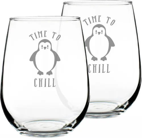 Vista 7 de Custom Time to Chill - Personalized Stemless Wine Glass - Funny Penguin Themed Gifts and Decor - Large 17 oz - Customized Wine Glass Gift