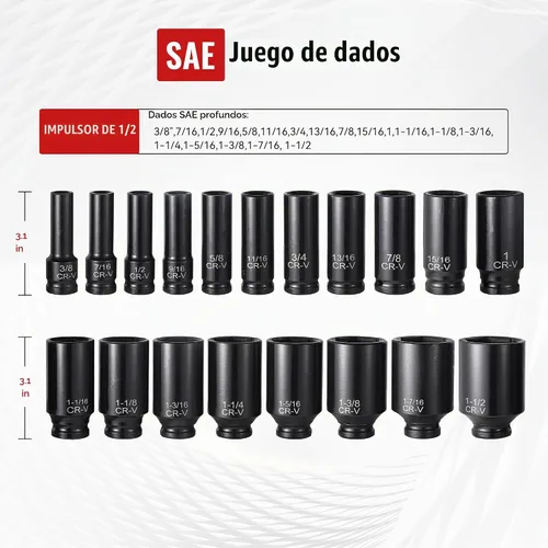 Vista 2 de Reniteco Juego de 25 piezas de llaves de casquillo de 1/2" de transmisión, SAE (3/8"- 1-1/2"), casquillos profundos, barras de extensión, reductor