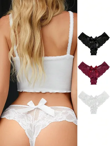 Vista 6 de MakeMeChic Conjunto de 3 piezas de bragas de encaje con lazo en la parte trasera para mujer, ropa interior transparente
