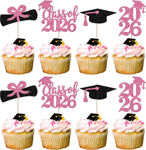 Vista 46 de Paquete de 24 adornos para cupcakes de clase de 2026 con purpurina 2026 para diploma de graduación 2026, selecciones para cupcakes para graduación