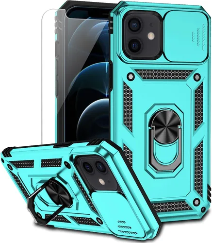 Vista 10 de Funda para iPhone 12 / iPhone 12 Pro con cubierta para lente de cámara, protector de pantalla HD, protección contra caídas de grado militar, soporte