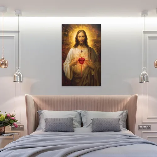 Vista 8 de Reccmeny Lienzo religioso del Sagrado Corazón de Jesús, cuadro de Cristo, arte de pared, pintura de Dios cristiano, foto para decoración de la sala