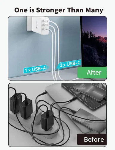 Vista 4 de Bloque de cargador USB C de 65 W, bloque de carga rápida de 3 puertos GaN de 65 W, cargador de pared rápido tipo C, compatible con todas