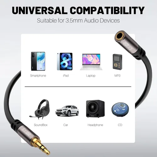 Vista 7 de Cable de extensión de 3.5 mm 1.2 m (paquete de 2), cable de audio auxiliar estéreo de macho a hembra, cable de extensión de auriculares, sonido