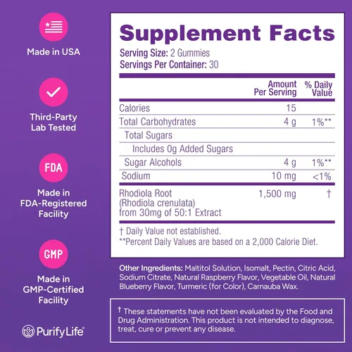 Vista 6 de Gomitas de Rhodiola Rosea sin azúcar (1500 mg/porción) Cortisol Detox y apoyo suprarrenal Rhodiola Rosea Suplemento para el estado de ánimo