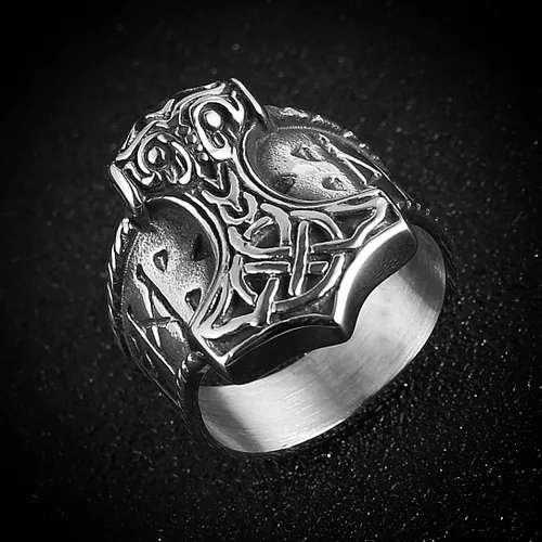 Vista 4 de HZMAN Anillo vikingo de acero inoxidable para hombre, símbolo de Odin, vikingos, martillo de Thor, joyería gótica de guerrero (tamaño, 7-14), Acero