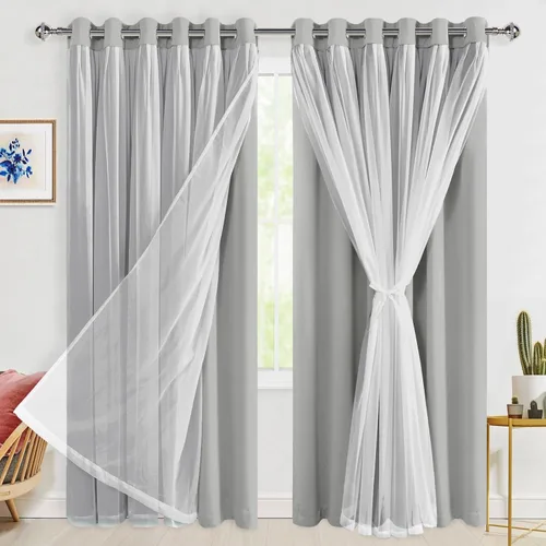 Vista 58 de Hiasan Cortinas opacas con superposición transparente, aislamiento térmico para mezclar y combinar de doble capa, cortinas de oscurecimiento de Beige