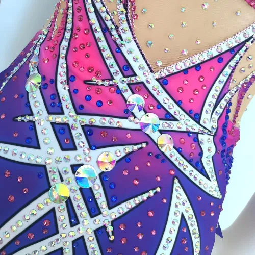 Vista 5 de LIUHUO Las muchachas del diseño de encargo de la gimnasia rítmica leotardos de la gimnasia de los diamantes de la impresión de los leotardos