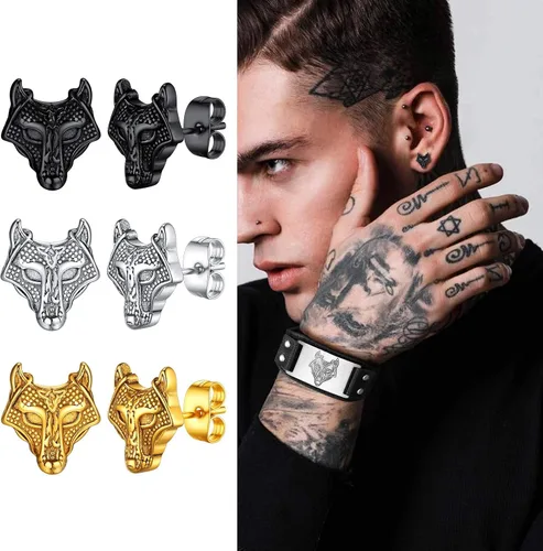 Vista 8 de FaithHeart Norse Vikingo Jewelry - Aretes de tuerca de plata de ley de acero inoxidable, lobo celtamartillo de Thors para mujeres y hombres, Acero