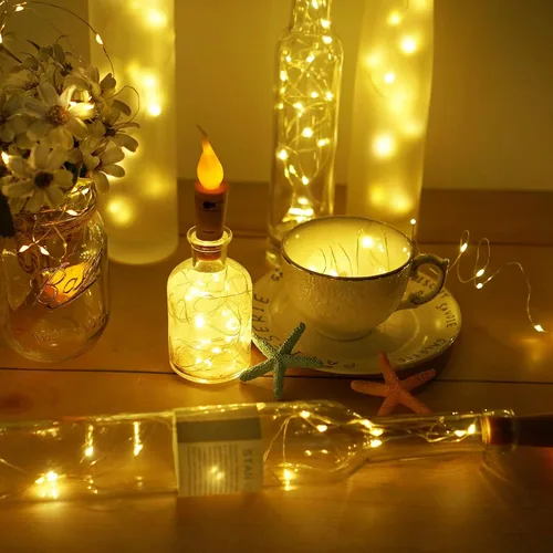 Vista 5 de Luces para botella de vino con llama de vela, paquete de 10 tiras de luces LED de corcho sin llama, funciona con pilas, alambre de cobre, mini luces