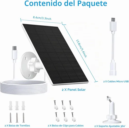 Vista 2 de Panel solar de 2 W para cámara de seguridad al aire libre, cargador USB/USB-C con IP65 impermeable, montaje ajustable de 360° y cable de 7.2 pies