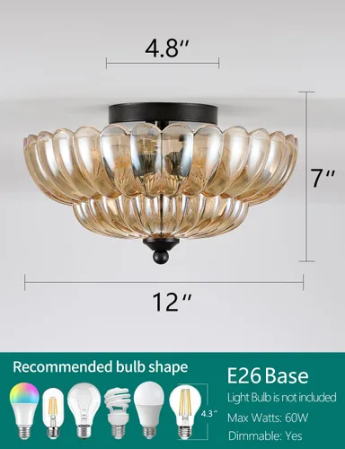 Vista 4 de Lámpara de techo semiempotrada, accesorio de lámpara de techo de vidrio ámbar, lámpara moderna negra de 3 bombillas cerca del techo, luces de techo