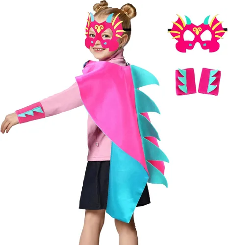 Vista 2 de D.Q.Z Disfraz de dinosaurio y dragón para niños pequeños, muñequeras con máscara de dinosaurio para niños y niñas, regalos de fiesta de cumpleaños