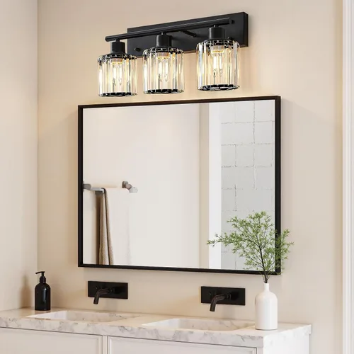 Vista 7 de Luz de tocador, 3 luces de cristal negro moderno para baño con 3 bombillas E26, luces de tocador para baño, dormitorio, sala de estar, pasillo