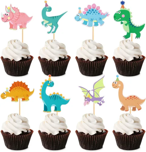 Vista 9 de Ercadio 40 piezas comestibles de dibujos animados de dinosaurios para cupcakes para bebida, decoración de tartas para temática de dinosaurios, baby