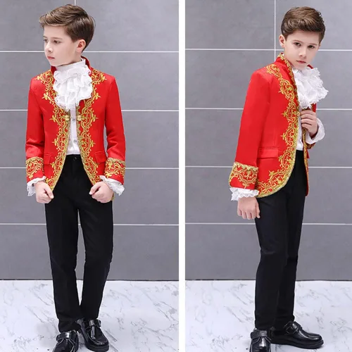 Vista 4 de STIOEDYUAN Disfraz de príncipe para niño, traje de palacio gótico victoriano, traje de rey real, disfraz de fiesta de cosplay de Halloween para niños