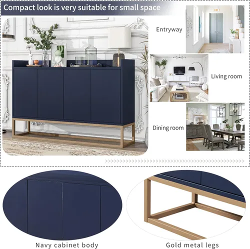 Vista 12 de Aparador moderno de gran espacio de almacenamiento con puerta de ratán artificial, mesa de consola con 4 puertas y estante ajustable, mesa de Blanco