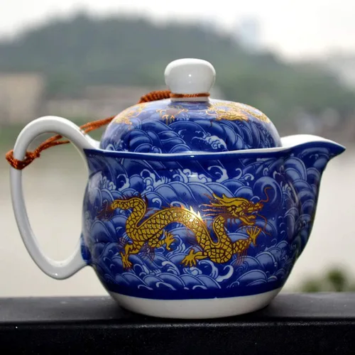 Vista 5 de Porcelain Teapot 12oz Chinese Dargon Waves Pattern Stainless Mash Infuser for Loose Tea (Blue)