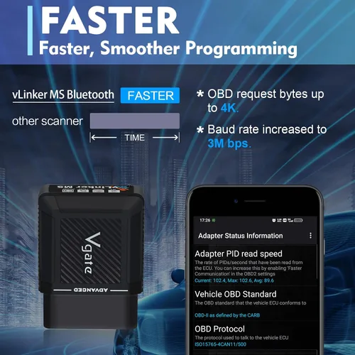 Vista 2 de Vgate vLinker MS Bluetooth OBD2 - Herramienta de escaneo de automóvil para iPhone/iOS, Android y Windows, admite múltiples protocolos CAN