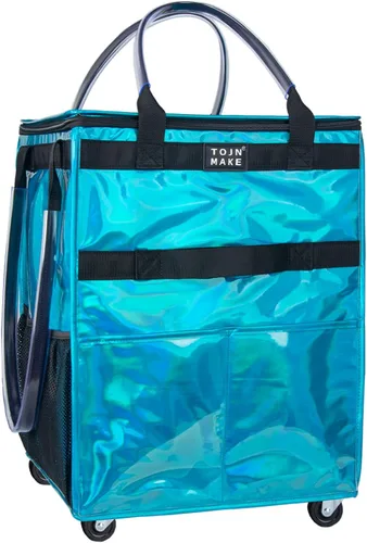 Vista 20 de Bolsa de comestibles reutilizable sobre ruedas, carrito de compras con 8 bolsillos y cubierta con cremallera, bolsa plegable con ruedas, asas