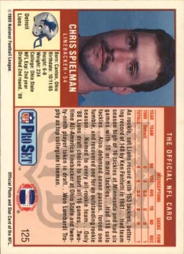 Vista 2 de 1989 Pro Set Football Rookie Card #125 Chris Spielman