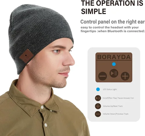 Vista 4 de Merino - Gorro de lana con Bluetooth 5.2, estéreo HD, 30 horas de tiempo de reproducción, micrófono integrado, regalo electrónico de Navidad