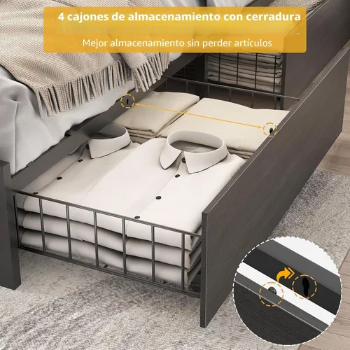 Vista 6 de Lifezone Base de cama Queen con cabecera de almacenamiento de 2 niveles, base de cama de plataforma de metal con 4 cajones de almacenamiento, gris