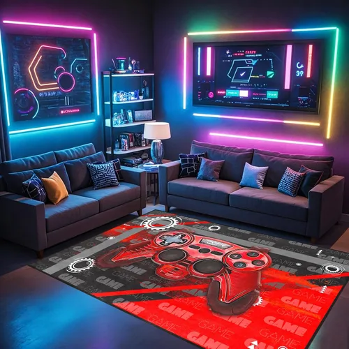 Vista 2 de Alfombra de suelo con estampado de videojuegos 3D para niños, alfombra pequeña roja para dormitorio, tapete de piso para habitación de niños