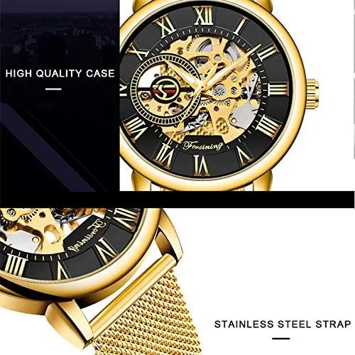 Vista 5 de Dentily Reloj de esqueleto para hombre clásico con número romano Steampunk Reloj mecánico Relojes de viento para hombre (azul)