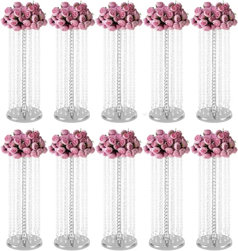 Vista 11 de 2 jarrones de flores de boda de 21.9 pulgadas de alto, centros de mesa plateados para mesa de boda, soporte alto de flores, centro de mesa Estilo 1