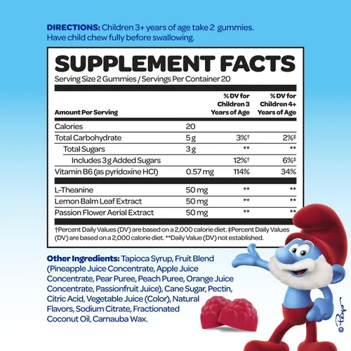 Vista 2 de Smurfs Kids Gomitas Calmantes Gomitas Calmantes para Niños con Melisa y L-Teanina Hechas con Fruta Real Desarrollado por Doctores Sin