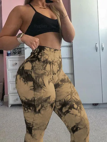 Vista 4 de Rugkey Leggings de yoga de 3 piezas para mujer, cintura alta, teñido anudado, sin costuras, con levantamiento de glúteos, pantalones atléticos