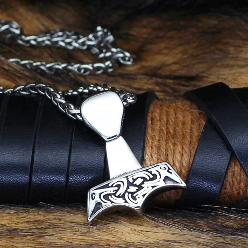 Vista 5 de Collar de Mjolnir de Thor para hombre, regalo vikingo de cuervo para hombre, joyería nórdica Odin con bolsa de regalo Valknut, Acero inoxidable, No