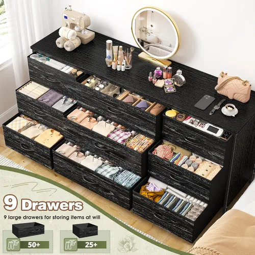 Vista 4 de EnHomee Cómoda para dormitorio, soporte de TV de 9 cajones para TV de 55 o 60 pulgadas, gran centro de entretenimiento, cómoda ancha para armario