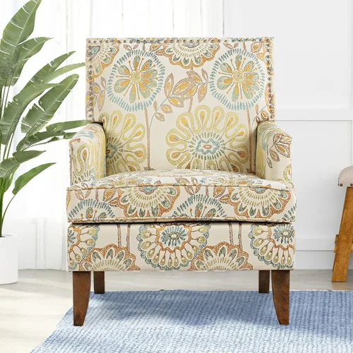 Vista 4 de Sofá con acento floral, silla con respaldo alado, cómoda silla de club, silla individual tapizada con brazos de lectura para sala de estar