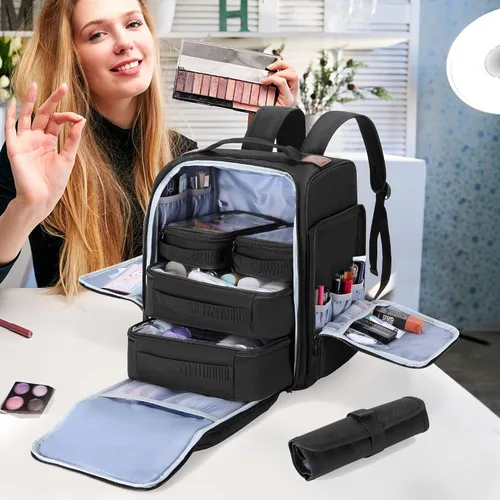 Vista 7 de BAFASO Mochila de maquillaje con 4 bolsas extraíbles y 1 bolsa para cepillos, estuche de maquillaje de viaje con múltiples espacios