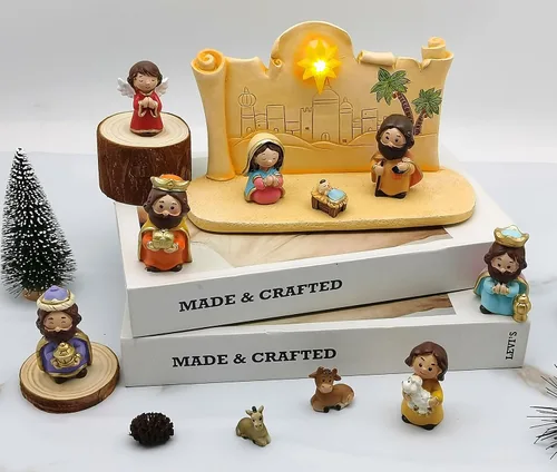 Vista 5 de Decoración Navideña Juego de Natividad en Miniatura, 11 piezas Juego de Figuras Religiosas de Decoración Navideña Incluye Escena del Establo